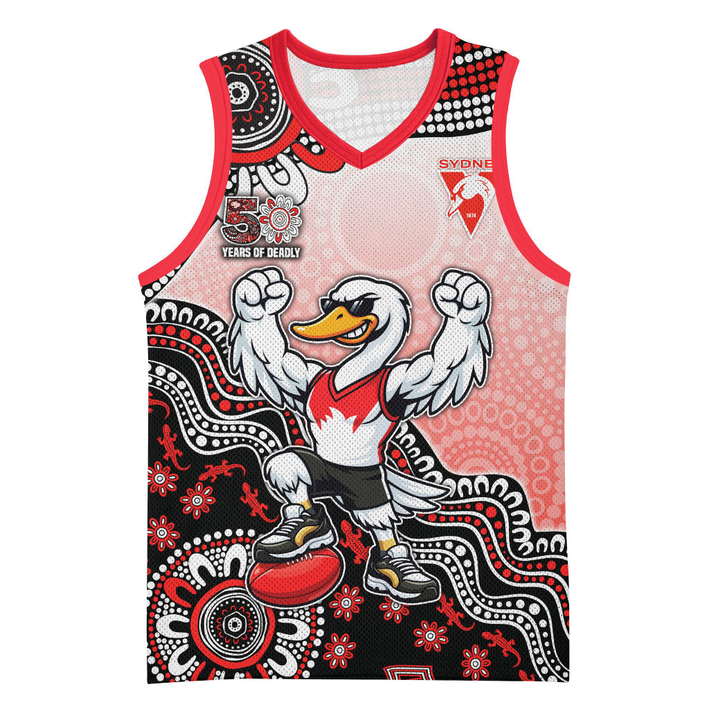 Personalized Sydney Swans Football Mascot Basketball Jersey Aboriginal Dot Art Style Vibrant Indigenous Pattern Design