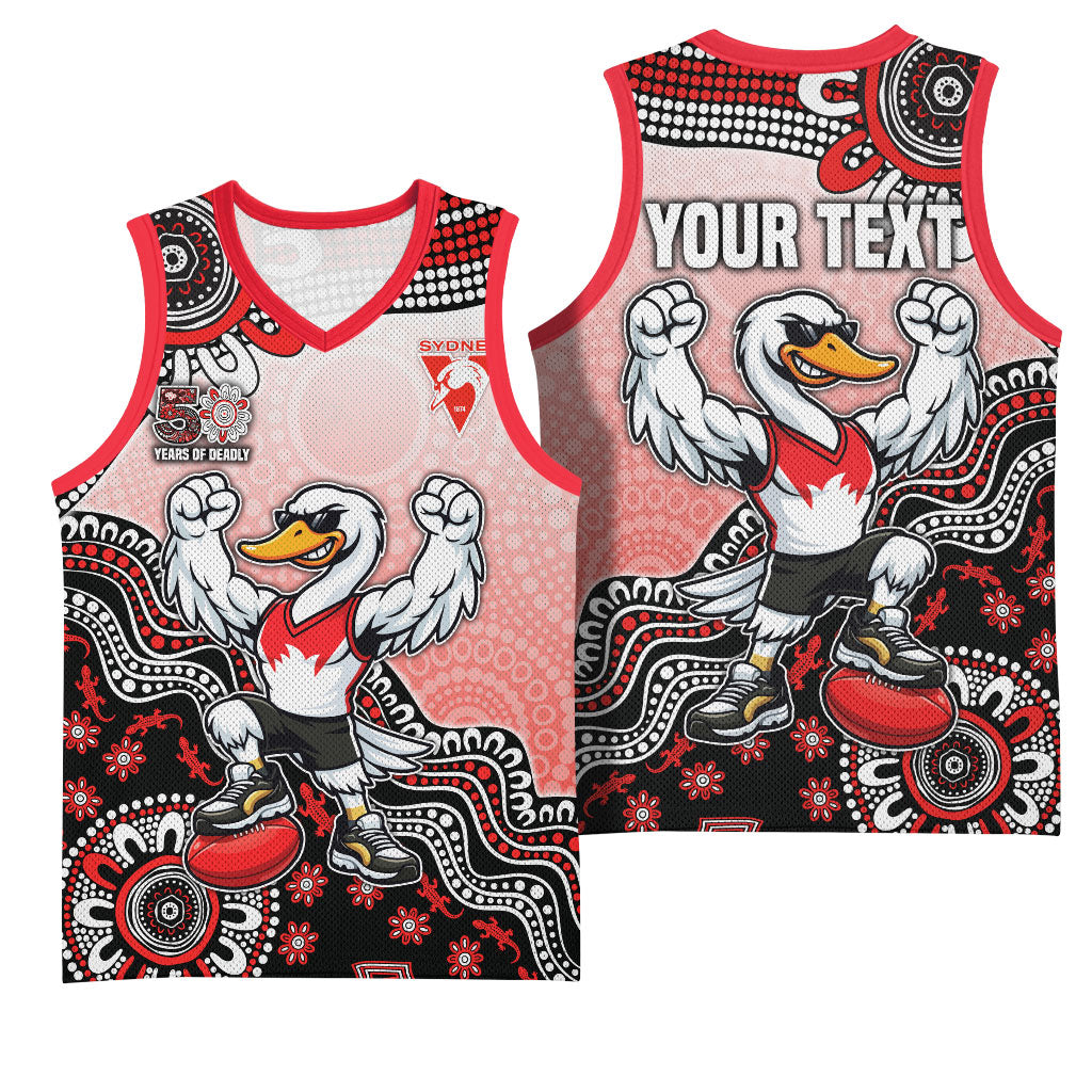 Personalized Sydney Swans Football Mascot Basketball Jersey Aboriginal Dot Art Style Vibrant Indigenous Pattern Design