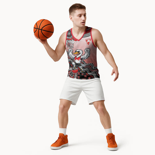 Personalized Sydney Swans Football Mascot Basketball Jersey Aboriginal Dot Art Style Vibrant Indigenous Pattern Design