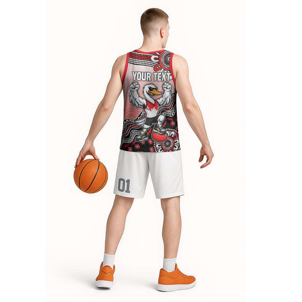Personalized Sydney Swans Football Mascot Basketball Jersey Aboriginal Dot Art Style Vibrant Indigenous Pattern Design