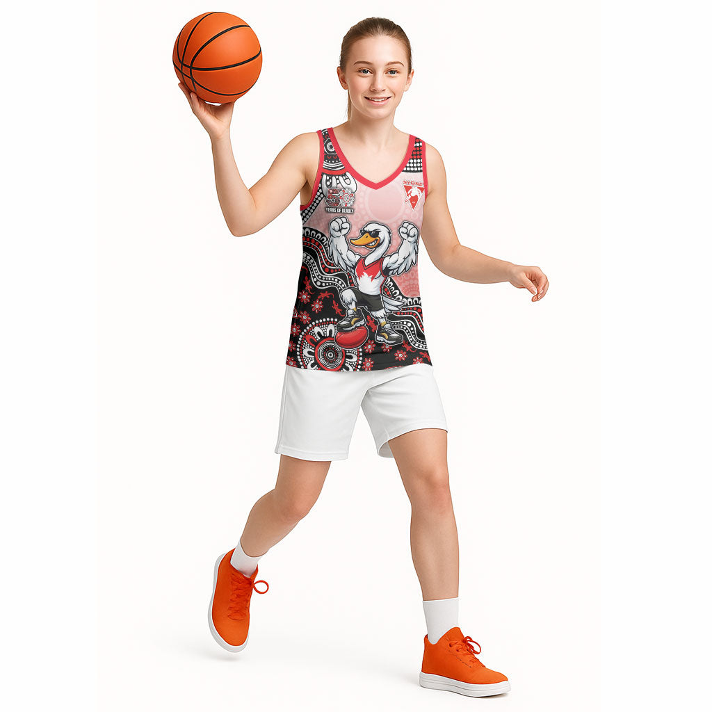 Personalized Sydney Swans Football Mascot Basketball Jersey Aboriginal Dot Art Style Vibrant Indigenous Pattern Design