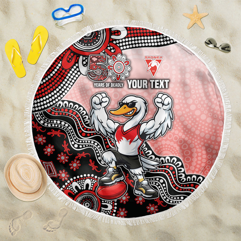 Personalized Sydney Swans Football Mascot Beach Blanket Aboriginal Dot Art Style Vibrant Indigenous Pattern Design