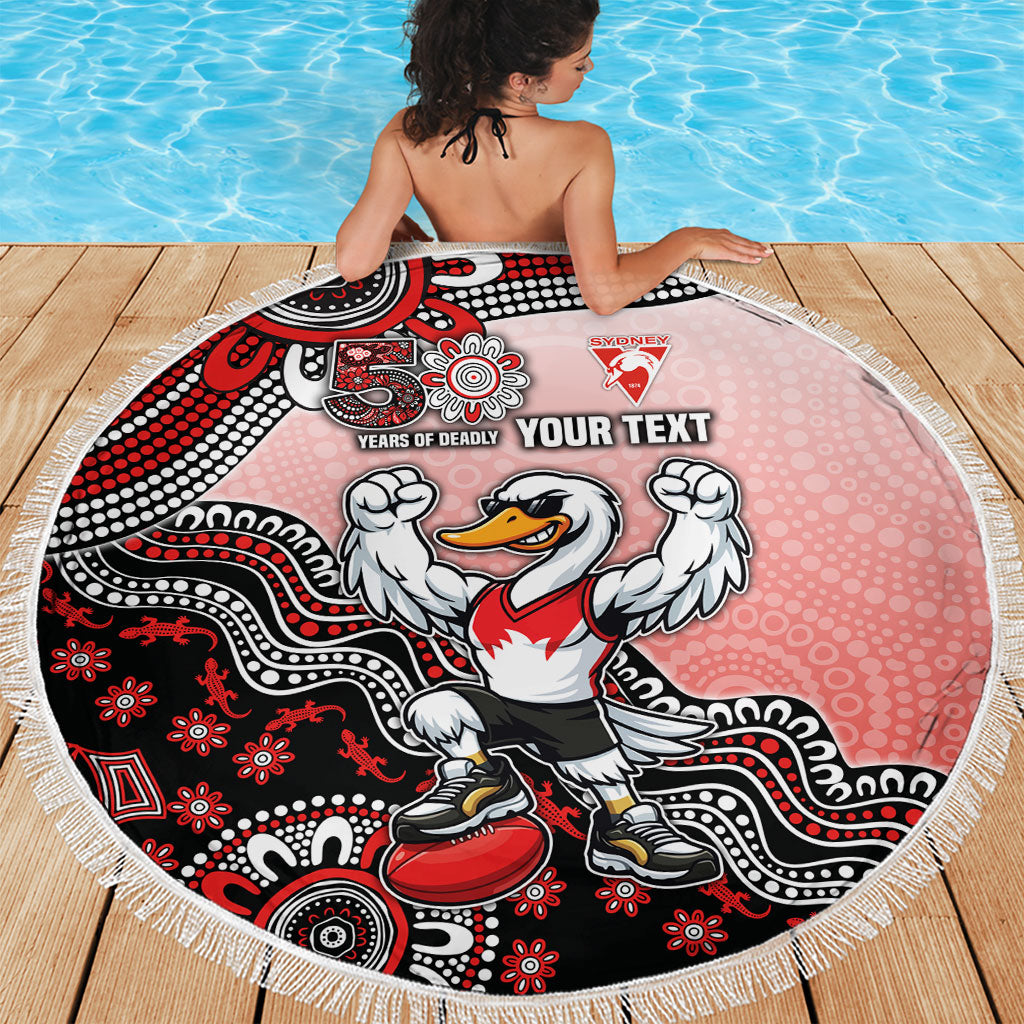 Personalized Sydney Swans Football Mascot Beach Blanket Aboriginal Dot Art Style Vibrant Indigenous Pattern Design