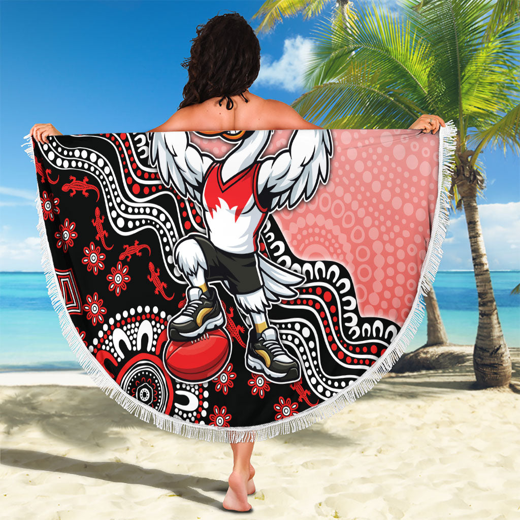 Personalized Sydney Swans Football Mascot Beach Blanket Aboriginal Dot Art Style Vibrant Indigenous Pattern Design