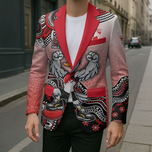 Personalized Sydney Swans Football Mascot Blazer Aboriginal Dot Art Style Vibrant Indigenous Pattern Design