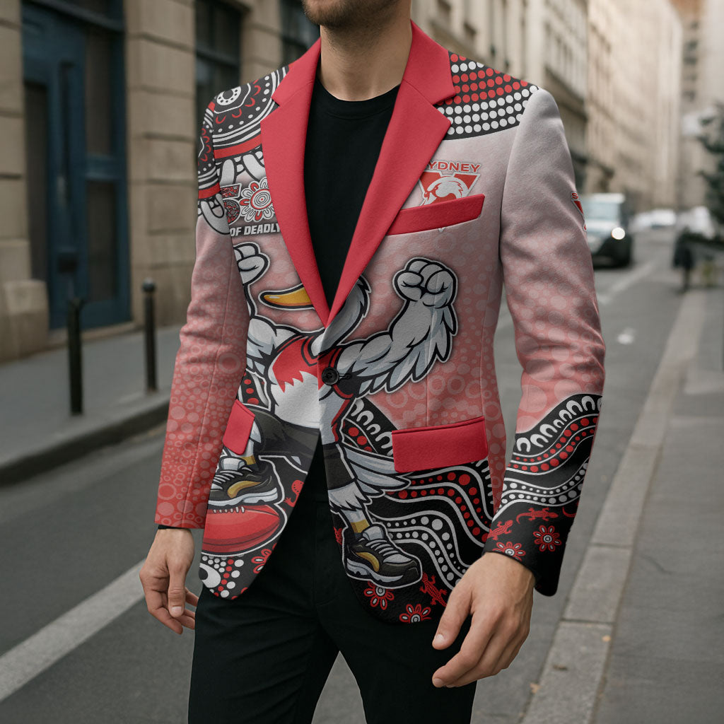 Personalized Sydney Swans Football Mascot Blazer Aboriginal Dot Art Style Vibrant Indigenous Pattern Design