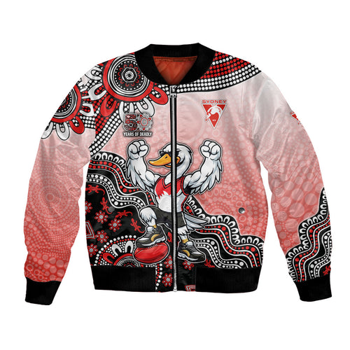 Personalized Sydney Swans Football Mascot Bomber Jacket Aboriginal Dot Art Style Vibrant Indigenous Pattern Design