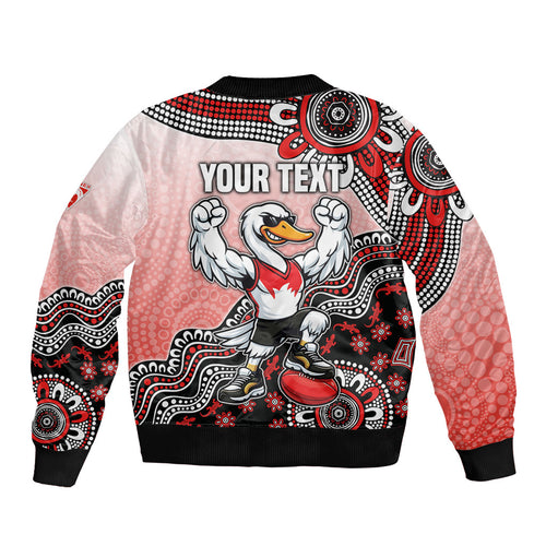 Personalized Sydney Swans Football Mascot Bomber Jacket Aboriginal Dot Art Style Vibrant Indigenous Pattern Design