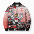 Personalized Sydney Swans Football Mascot Bomber Puffer Jacket Aboriginal Dot Art Style Vibrant Indigenous Pattern Design