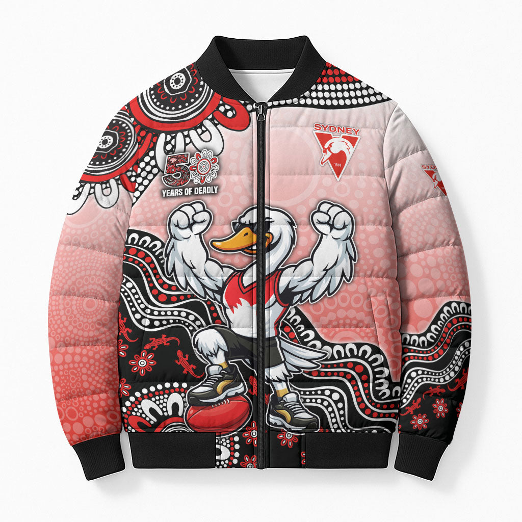 Personalized Sydney Swans Football Mascot Bomber Puffer Jacket Aboriginal Dot Art Style Vibrant Indigenous Pattern Design