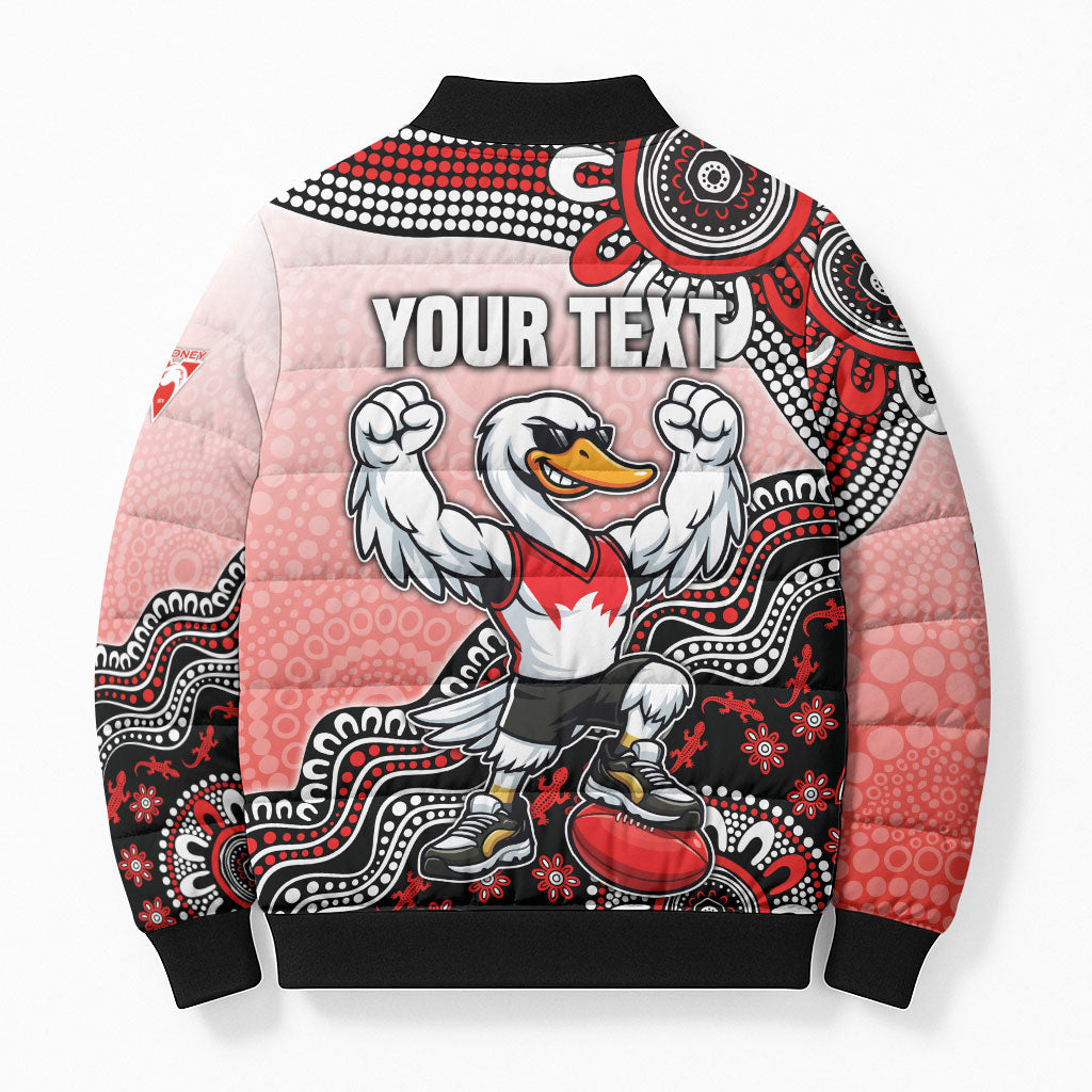 Personalized Sydney Swans Football Mascot Bomber Puffer Jacket Aboriginal Dot Art Style Vibrant Indigenous Pattern Design