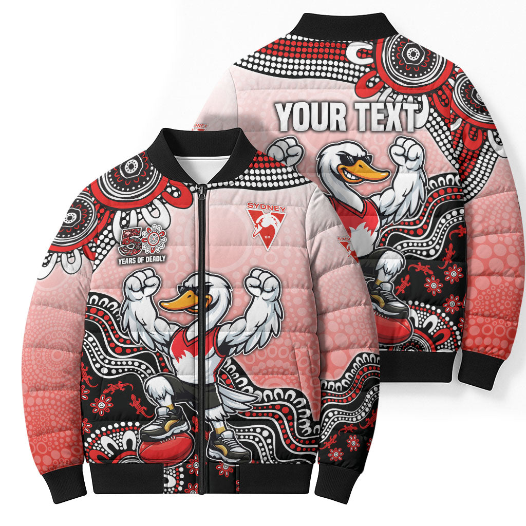 Personalized Sydney Swans Football Mascot Bomber Puffer Jacket Aboriginal Dot Art Style Vibrant Indigenous Pattern Design