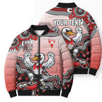 Personalized Sydney Swans Football Mascot Bomber Puffer Jacket Aboriginal Dot Art Style Vibrant Indigenous Pattern Design