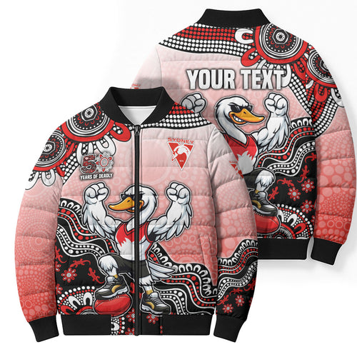 Personalized Sydney Swans Football Mascot Bomber Puffer Jacket Aboriginal Dot Art Style Vibrant Indigenous Pattern Design