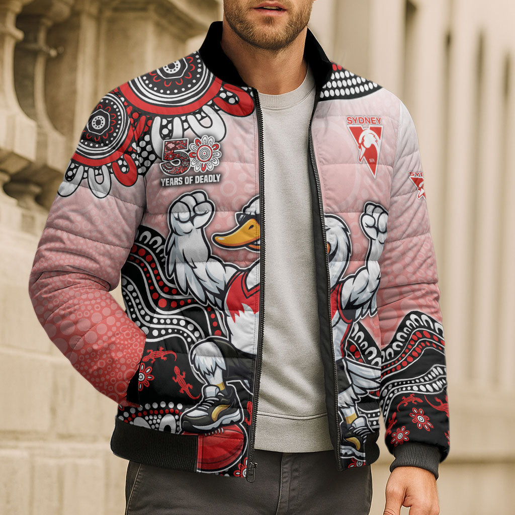 Personalized Sydney Swans Football Mascot Bomber Puffer Jacket Aboriginal Dot Art Style Vibrant Indigenous Pattern Design