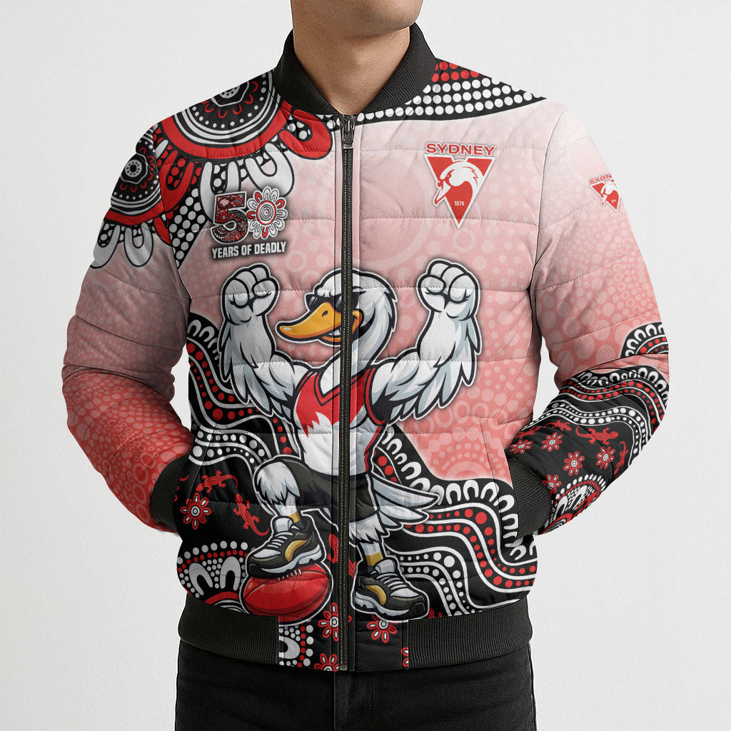 Personalized Sydney Swans Football Mascot Bomber Puffer Jacket Aboriginal Dot Art Style Vibrant Indigenous Pattern Design
