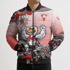 Personalized Sydney Swans Football Mascot Bomber Puffer Jacket Aboriginal Dot Art Style Vibrant Indigenous Pattern Design