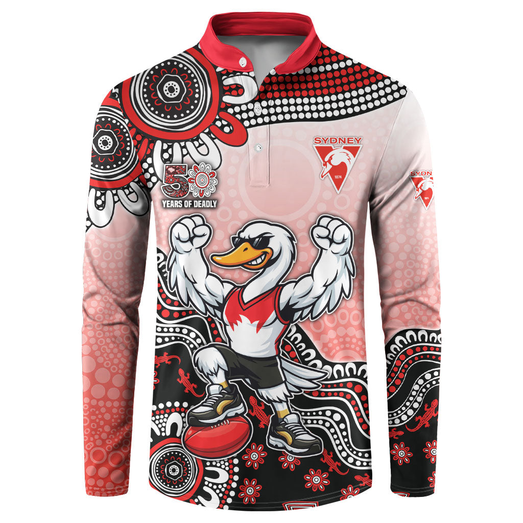 Personalized Sydney Swans Football Mascot Button Sweatshirt Aboriginal Dot Art Style Vibrant Indigenous Pattern Design