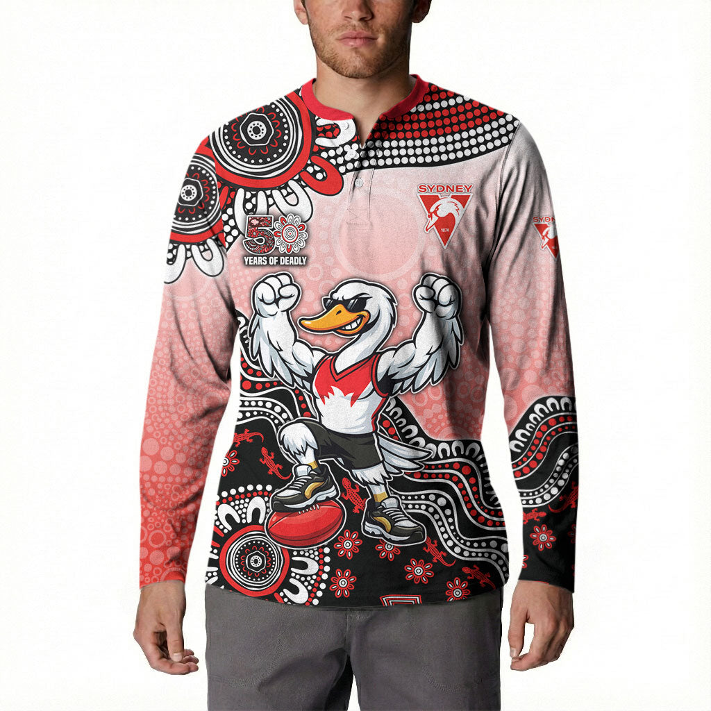 Personalized Sydney Swans Football Mascot Button Sweatshirt Aboriginal Dot Art Style Vibrant Indigenous Pattern Design