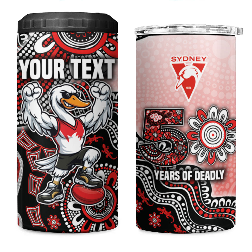 Personalized Sydney Swans Football Mascot 4 in 1 Can Cooler Tumbler Aboriginal Dot Art Style Vibrant Indigenous Pattern Design