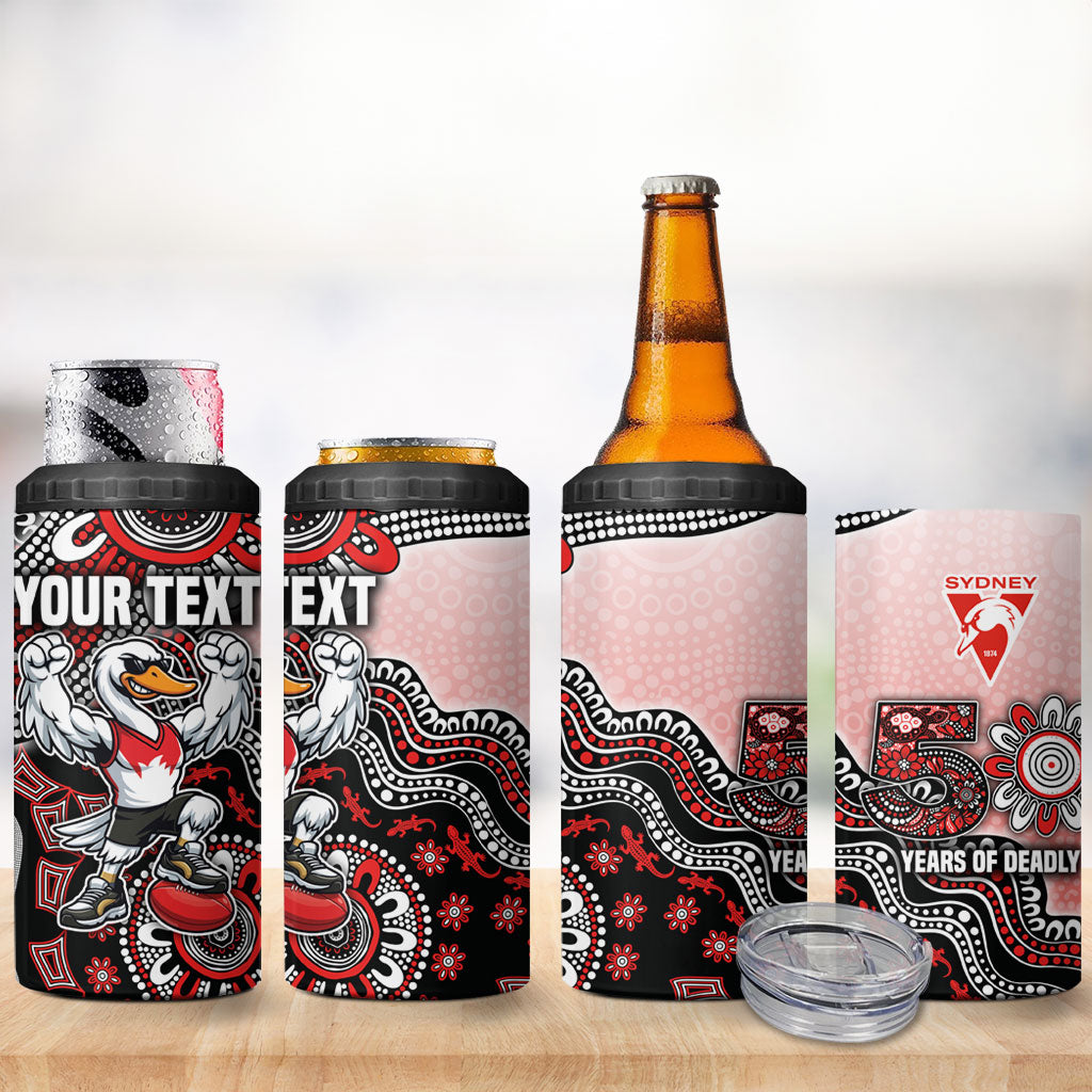 Personalized Sydney Swans Football Mascot 4 in 1 Can Cooler Tumbler Aboriginal Dot Art Style Vibrant Indigenous Pattern Design