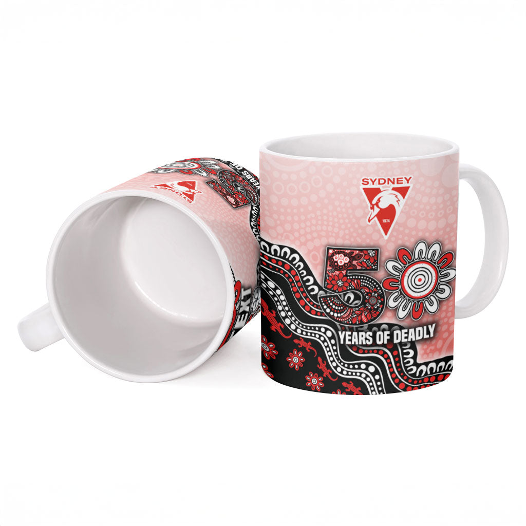 Personalized Sydney Swans Football Mascot Ceramic Mug Aboriginal Dot Art Style Vibrant Indigenous Pattern Design