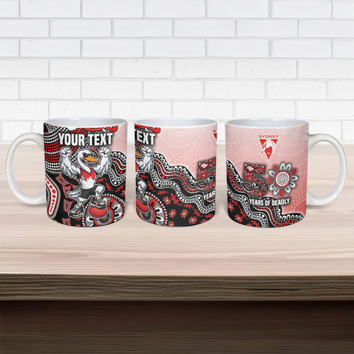 Personalized Sydney Swans Football Mascot Ceramic Mug Aboriginal Dot Art Style Vibrant Indigenous Pattern Design