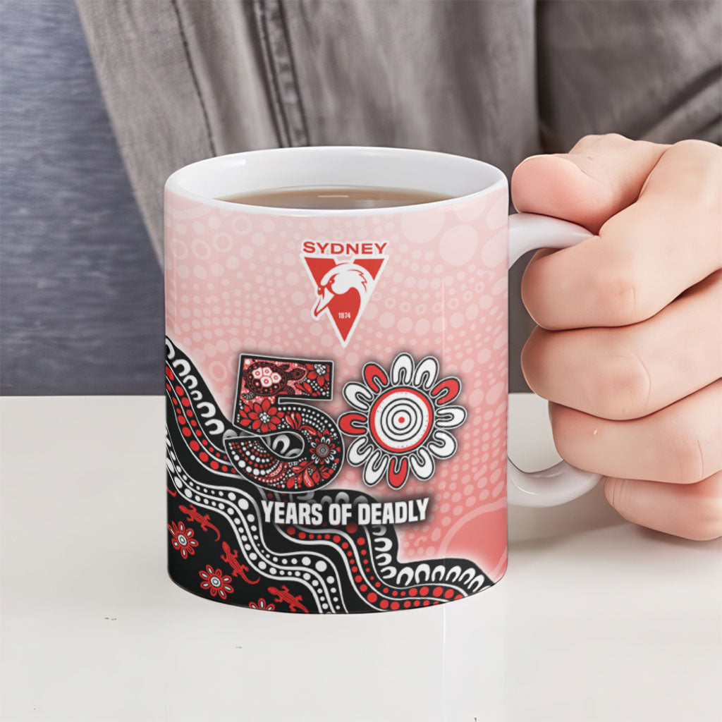 Personalized Sydney Swans Football Mascot Ceramic Mug Aboriginal Dot Art Style Vibrant Indigenous Pattern Design