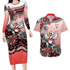Personalized Sydney Swans Football Mascot Couples Matching Long Sleeve Bodycon Dress and Hawaiian Shirt Aboriginal Dot Art Style Vibrant Indigenous Pattern Design