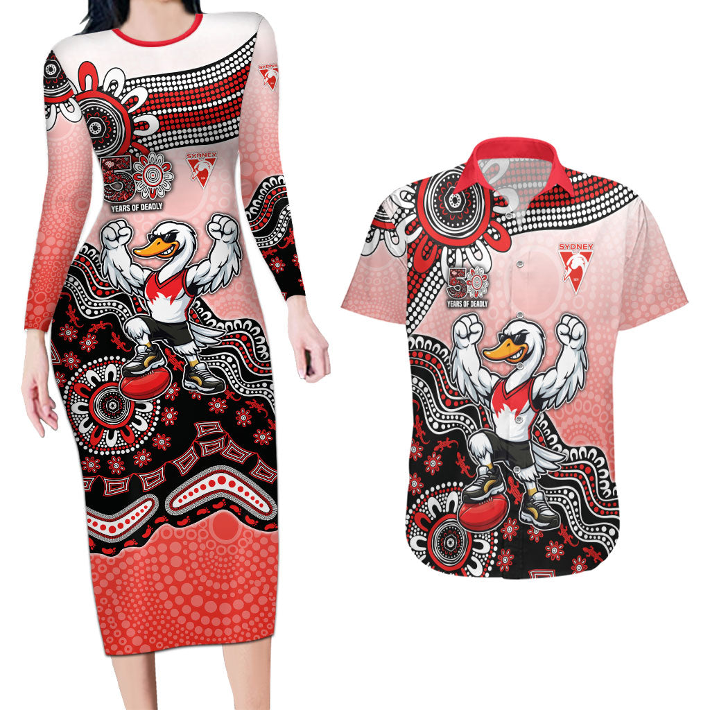 Personalized Sydney Swans Football Mascot Couples Matching Long Sleeve Bodycon Dress and Hawaiian Shirt Aboriginal Dot Art Style Vibrant Indigenous Pattern Design