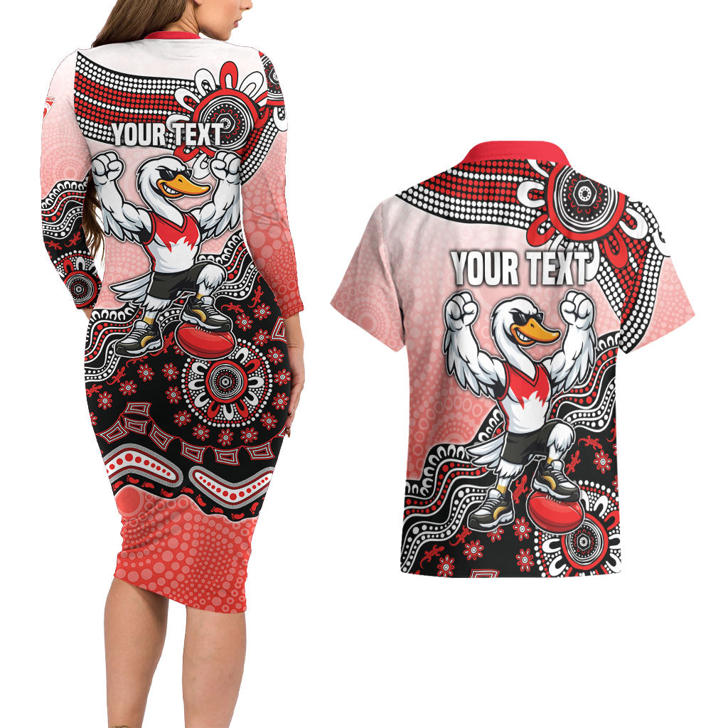 Personalized Sydney Swans Football Mascot Couples Matching Long Sleeve Bodycon Dress and Hawaiian Shirt Aboriginal Dot Art Style Vibrant Indigenous Pattern Design