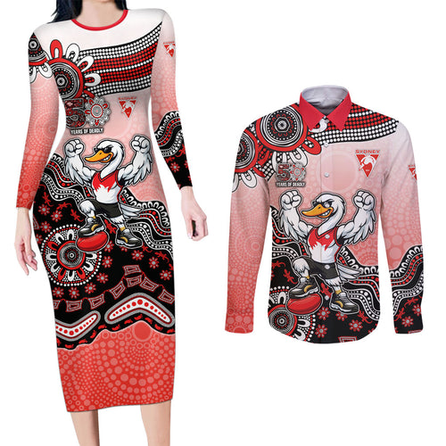 Personalized Sydney Swans Football Mascot Couples Matching Long Sleeve Bodycon Dress and Long Sleeve Button Shirt Aboriginal Dot Art Style Vibrant Indigenous Pattern Design