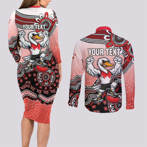 Personalized Sydney Swans Football Mascot Couples Matching Long Sleeve Bodycon Dress and Long Sleeve Button Shirt Aboriginal Dot Art Style Vibrant Indigenous Pattern Design