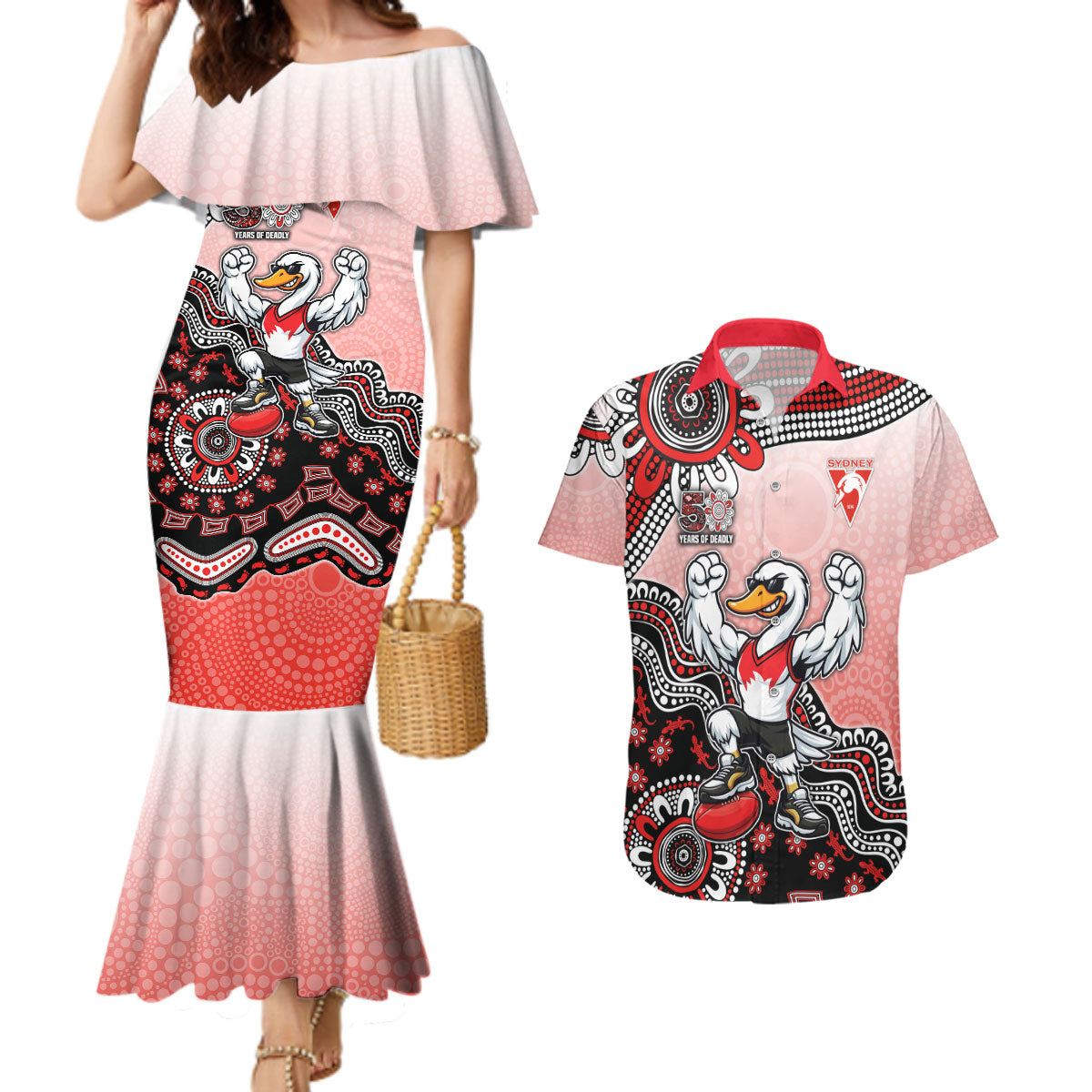 Personalized Sydney Swans Football Mascot Couples Matching Mermaid Dress and Hawaiian Shirt Aboriginal Dot Art Style Vibrant Indigenous Pattern Design
