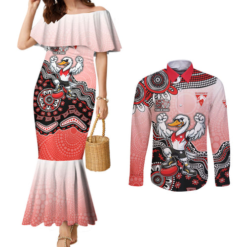 Personalized Sydney Swans Football Mascot Couples Matching Mermaid Dress and Long Sleeve Button Shirt Aboriginal Dot Art Style Vibrant Indigenous Pattern Design