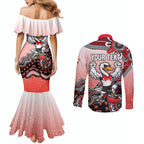 Personalized Sydney Swans Football Mascot Couples Matching Mermaid Dress and Long Sleeve Button Shirt Aboriginal Dot Art Style Vibrant Indigenous Pattern Design