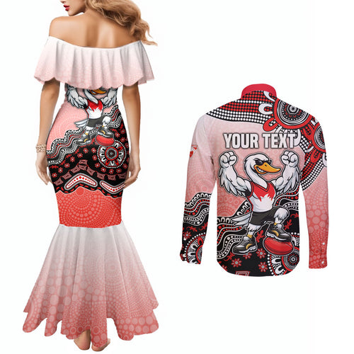 Personalized Sydney Swans Football Mascot Couples Matching Mermaid Dress and Long Sleeve Button Shirt Aboriginal Dot Art Style Vibrant Indigenous Pattern Design