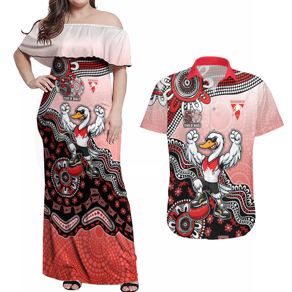 Personalized Sydney Swans Football Mascot Couples Matching Off Shoulder Maxi Dress and Hawaiian Shirt Aboriginal Dot Art Style Vibrant Indigenous Pattern Design