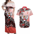 Personalized Sydney Swans Football Mascot Couples Matching Off Shoulder Maxi Dress and Hawaiian Shirt Aboriginal Dot Art Style Vibrant Indigenous Pattern Design