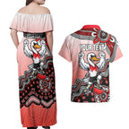 Personalized Sydney Swans Football Mascot Couples Matching Off Shoulder Maxi Dress and Hawaiian Shirt Aboriginal Dot Art Style Vibrant Indigenous Pattern Design
