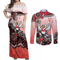 Personalized Sydney Swans Football Mascot Couples Matching Off Shoulder Maxi Dress and Long Sleeve Button Shirt Aboriginal Dot Art Style Vibrant Indigenous Pattern Design