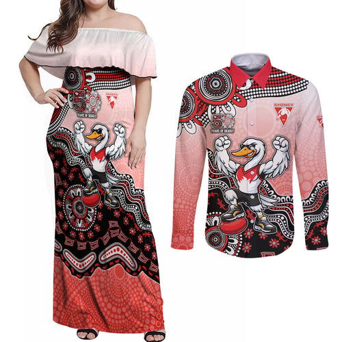 Personalized Sydney Swans Football Mascot Couples Matching Off Shoulder Maxi Dress and Long Sleeve Button Shirt Aboriginal Dot Art Style Vibrant Indigenous Pattern Design