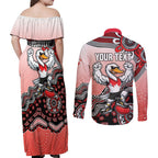 Personalized Sydney Swans Football Mascot Couples Matching Off Shoulder Maxi Dress and Long Sleeve Button Shirt Aboriginal Dot Art Style Vibrant Indigenous Pattern Design
