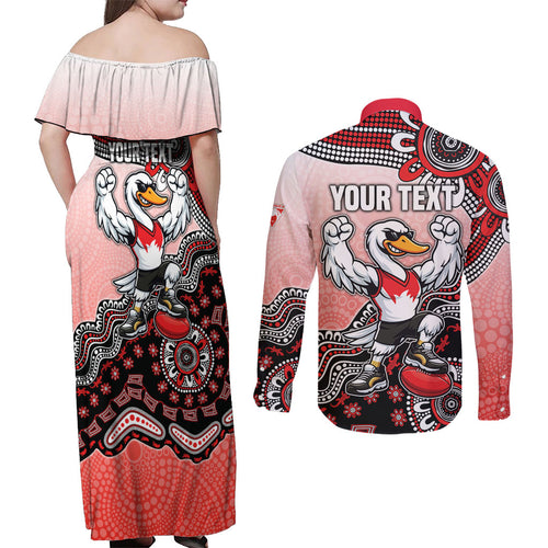 Personalized Sydney Swans Football Mascot Couples Matching Off Shoulder Maxi Dress and Long Sleeve Button Shirt Aboriginal Dot Art Style Vibrant Indigenous Pattern Design