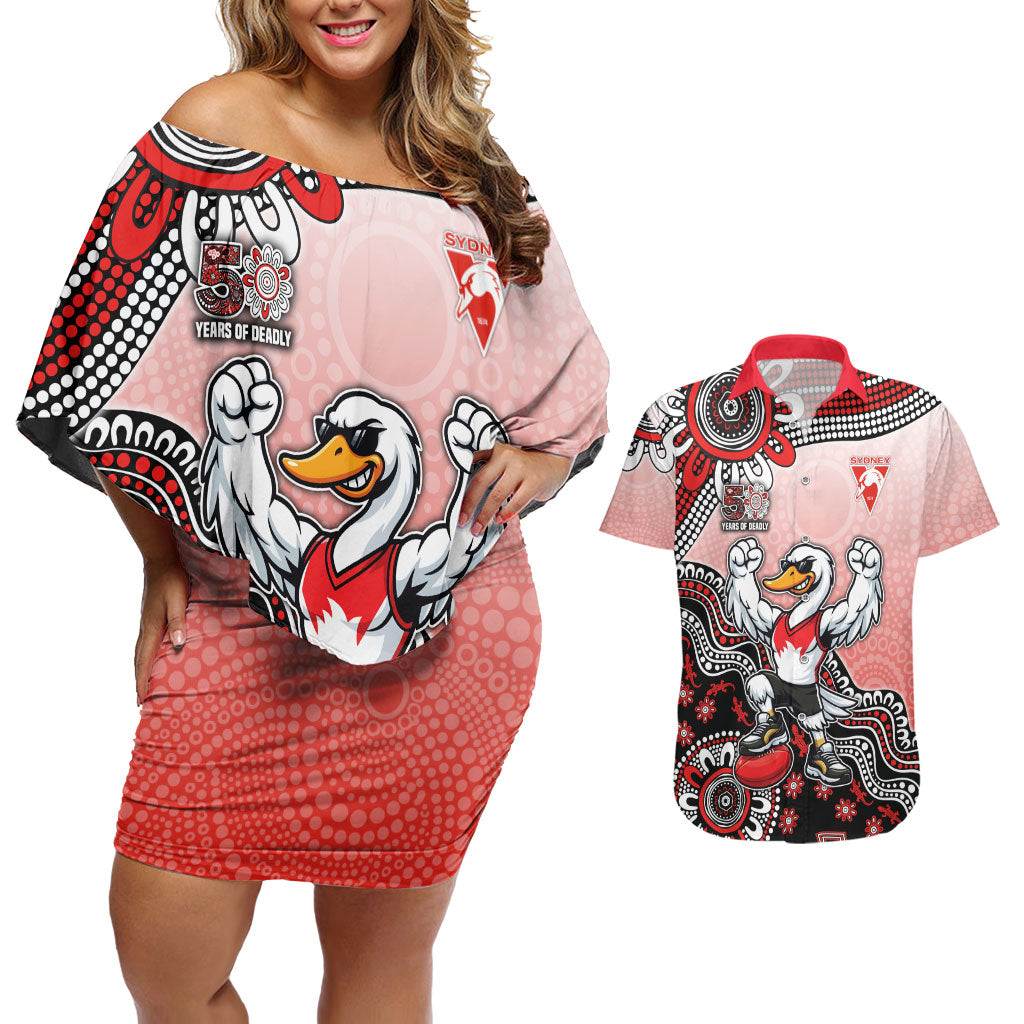 Personalized Sydney Swans Football Mascot Couples Matching Off Shoulder Short Dress and Hawaiian Shirt Aboriginal Dot Art Style Vibrant Indigenous Pattern Design
