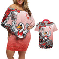 Personalized Sydney Swans Football Mascot Couples Matching Off Shoulder Short Dress and Hawaiian Shirt Aboriginal Dot Art Style Vibrant Indigenous Pattern Design