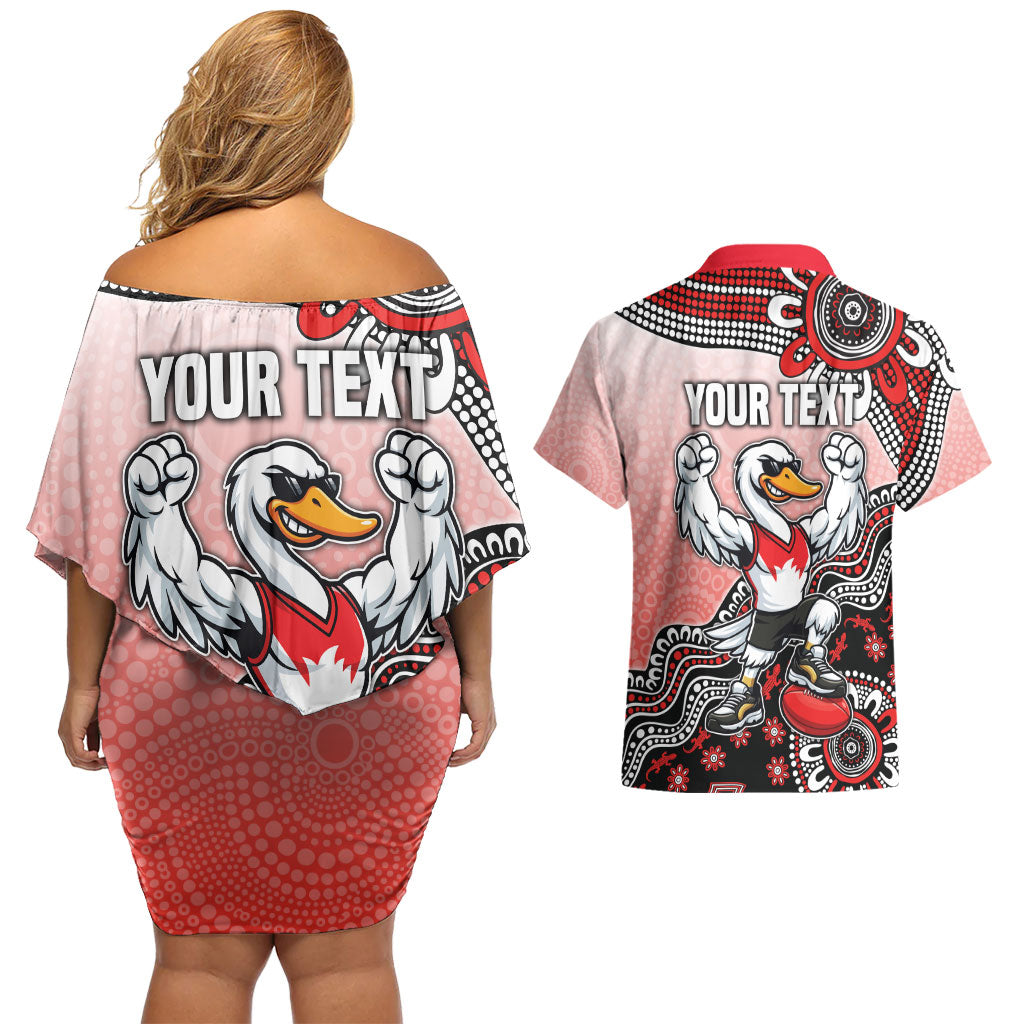 Personalized Sydney Swans Football Mascot Couples Matching Off Shoulder Short Dress and Hawaiian Shirt Aboriginal Dot Art Style Vibrant Indigenous Pattern Design