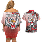 Personalized Sydney Swans Football Mascot Couples Matching Off Shoulder Short Dress and Hawaiian Shirt Aboriginal Dot Art Style Vibrant Indigenous Pattern Design