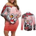 Personalized Sydney Swans Football Mascot Couples Matching Off Shoulder Short Dress and Long Sleeve Button Shirt Aboriginal Dot Art Style Vibrant Indigenous Pattern Design