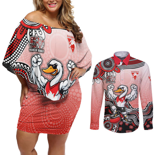 Personalized Sydney Swans Football Mascot Couples Matching Off Shoulder Short Dress and Long Sleeve Button Shirt Aboriginal Dot Art Style Vibrant Indigenous Pattern Design